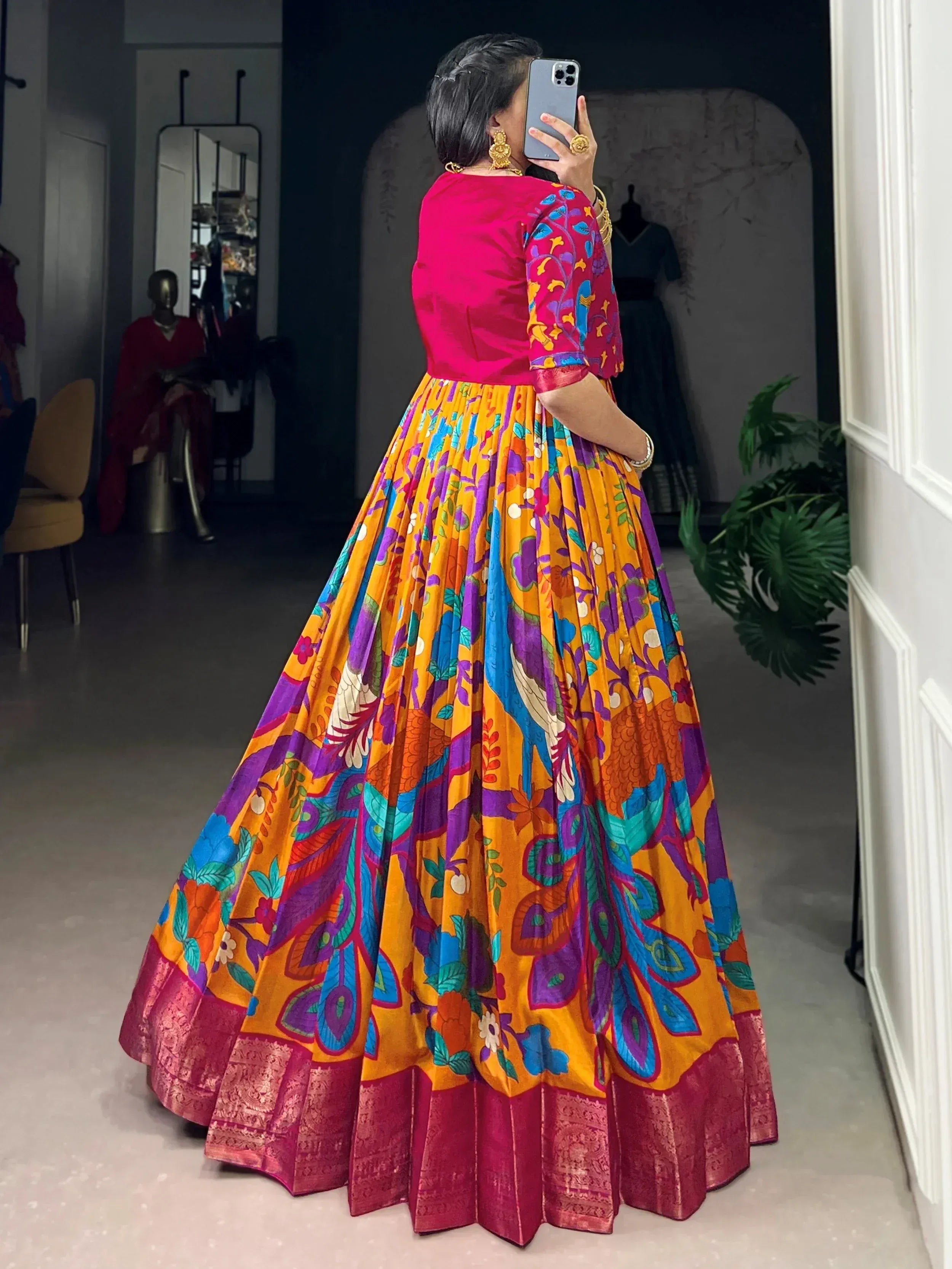 Wonderful Mustard Kalamkari Printed Silk Wedding Wear Gown With Koti
