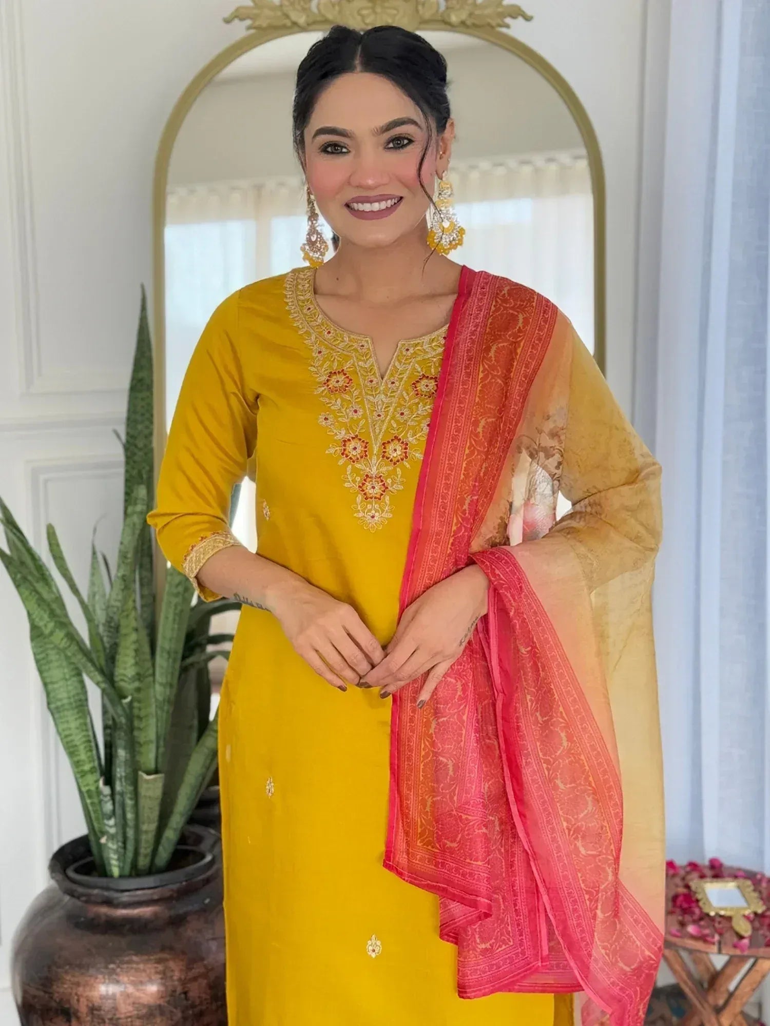 Yellow embroidered kurta with pink dupatta, Indian ethnic wear for women