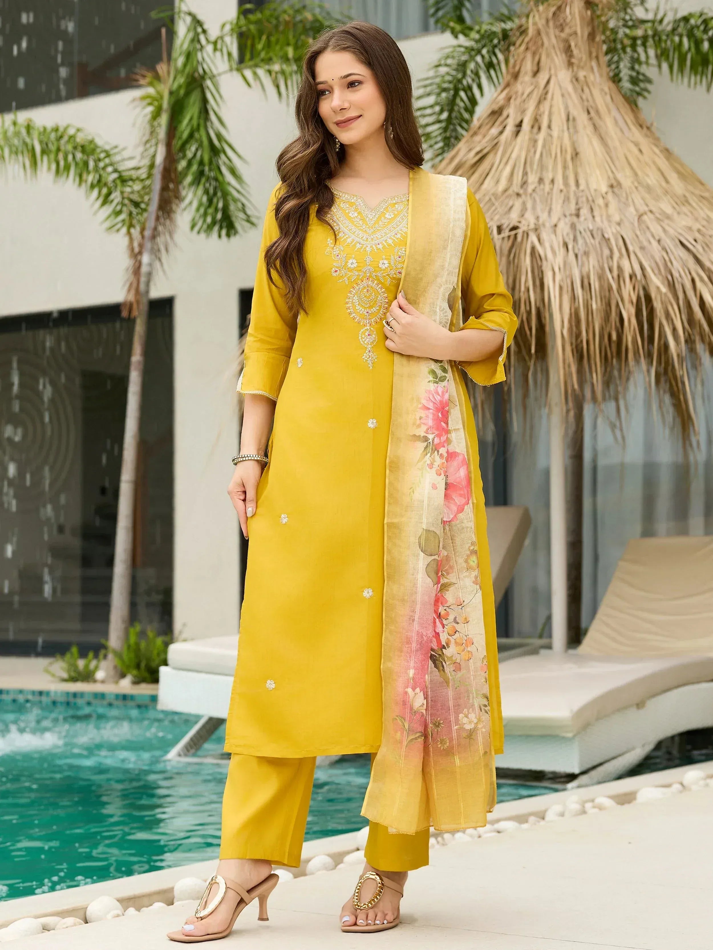 Yellow embroidered salwar kameez with floral dupatta, poolside ethnic wear