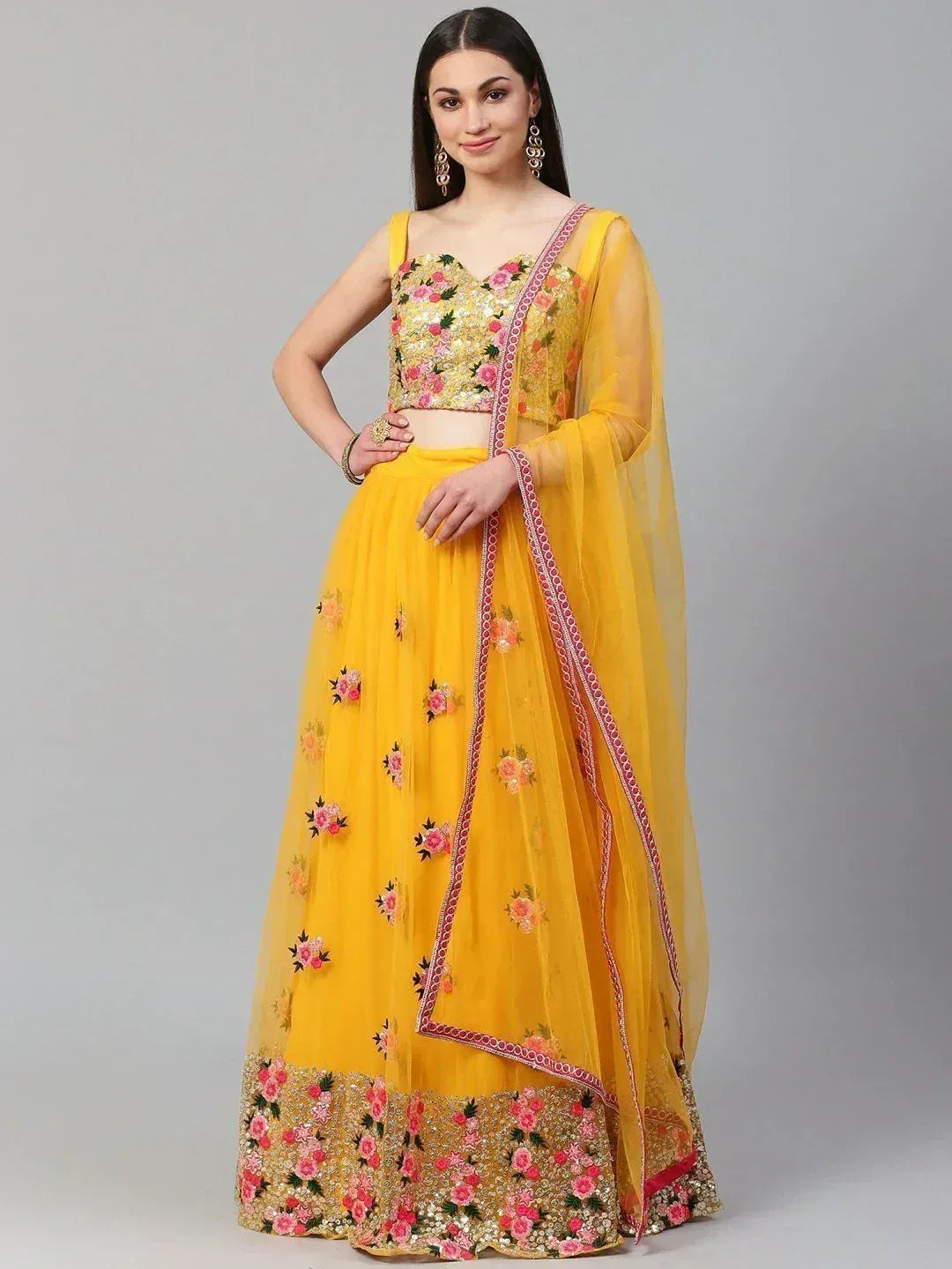 Yellow floral embroidered lehenga choli with sheer dupatta, Indian ethnic wear for women