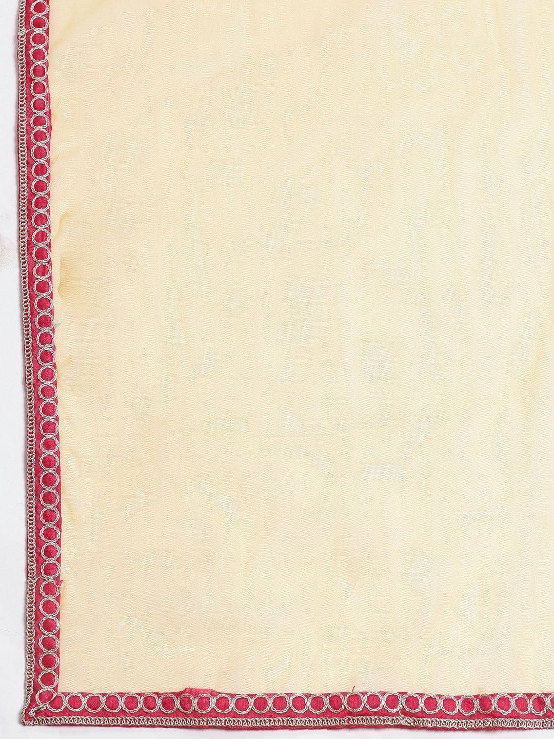 Cream ethnic fabric with red and silver embroidered border, ideal for lehenga choli or saree