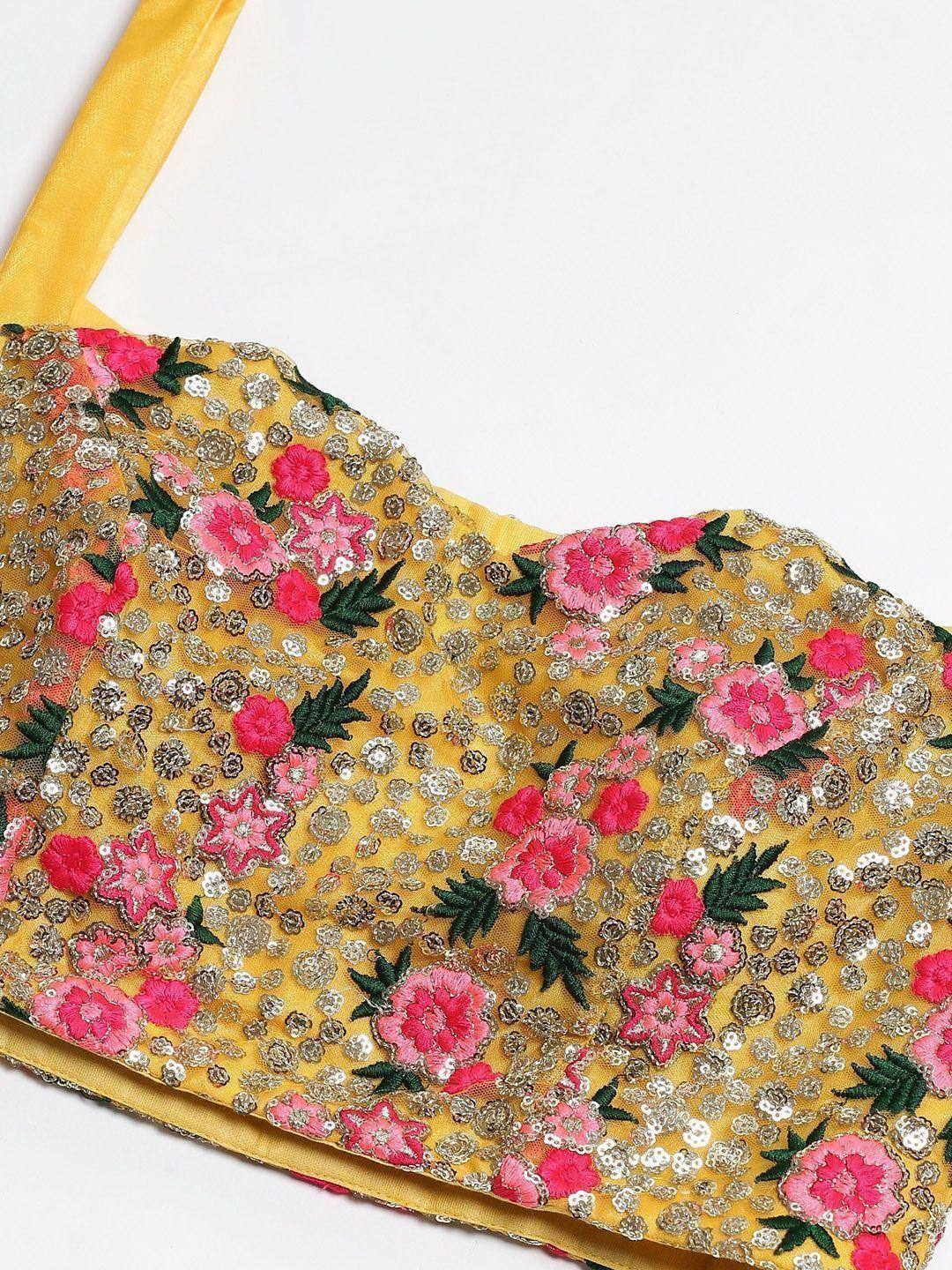 Yellow floral embroidered blouse with pink flowers and sequins, ideal for Indian ethnic wear
