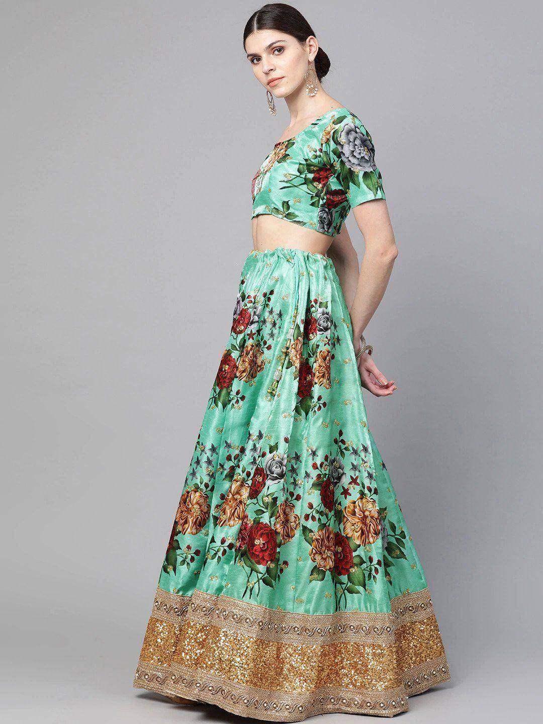 Mint green floral lehenga choli with gold border, ethnic Indian wear for women
