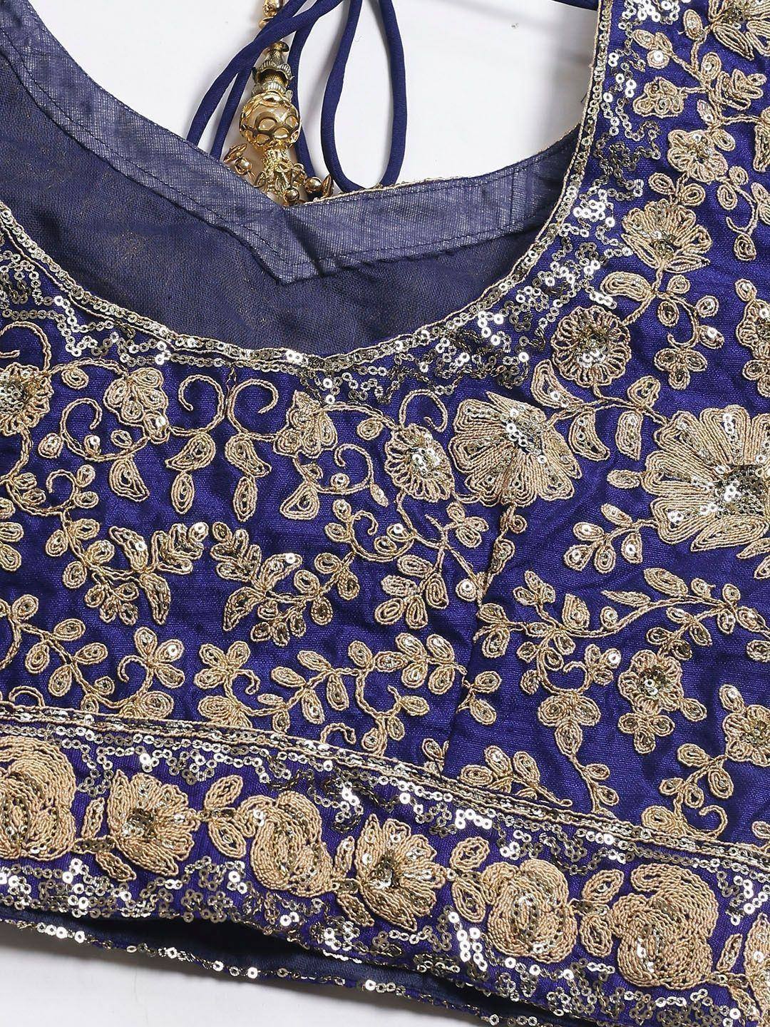 Royal blue designer blouse with gold floral embroidery and sequin detailing for ethnic wear