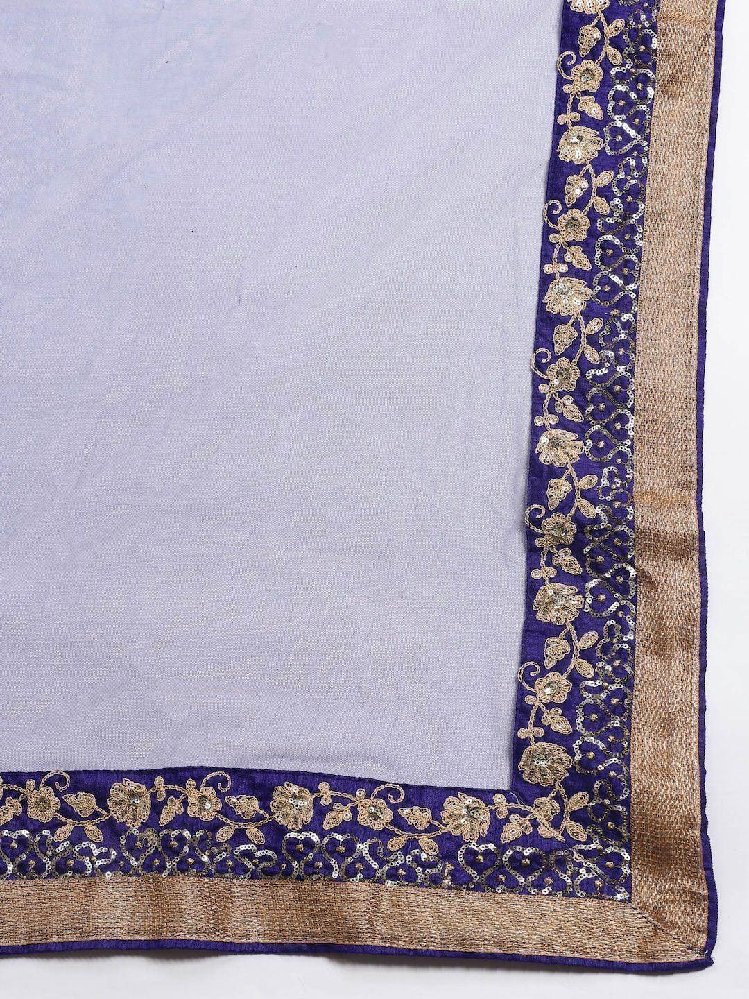 Purple and gold embroidered border on light fabric, ideal for ethnic wear like lehenga or saree