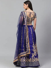 Blue & Gold-Toned Embroidered Semi-Stitched Myntra Lehenga & Unstitched Blouse with Dupatta