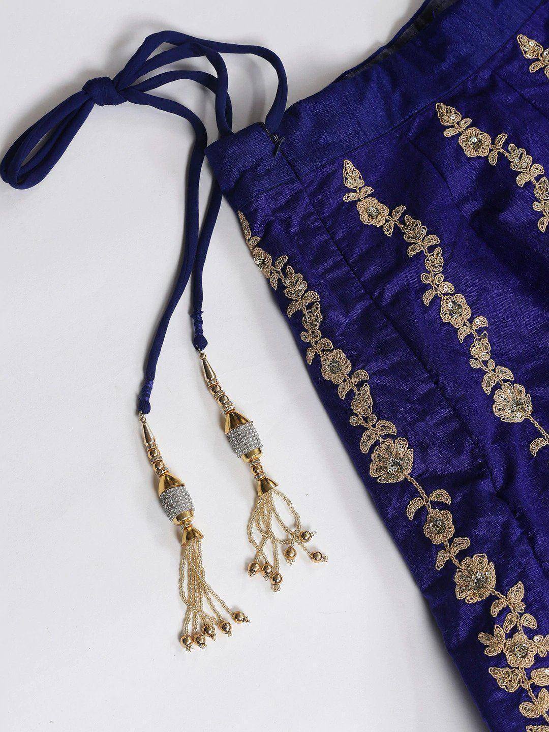 Royal blue ethnic blouse with gold floral embroidery and beaded tassels, perfect for Indian wear