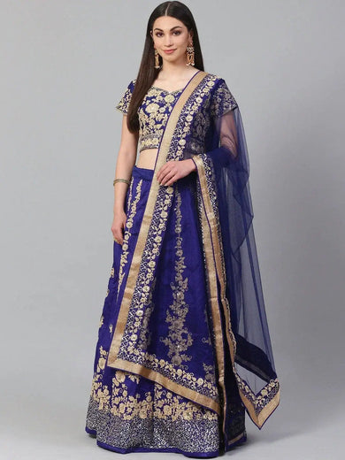 Blue & Gold-Toned Embroidered Semi-Stitched Myntra Lehenga & Unstitched Blouse with Dupatta