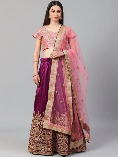 Purple & Pink Semi-Stitched Myntra Lehenga & Unstitched Blouse with Dupatta