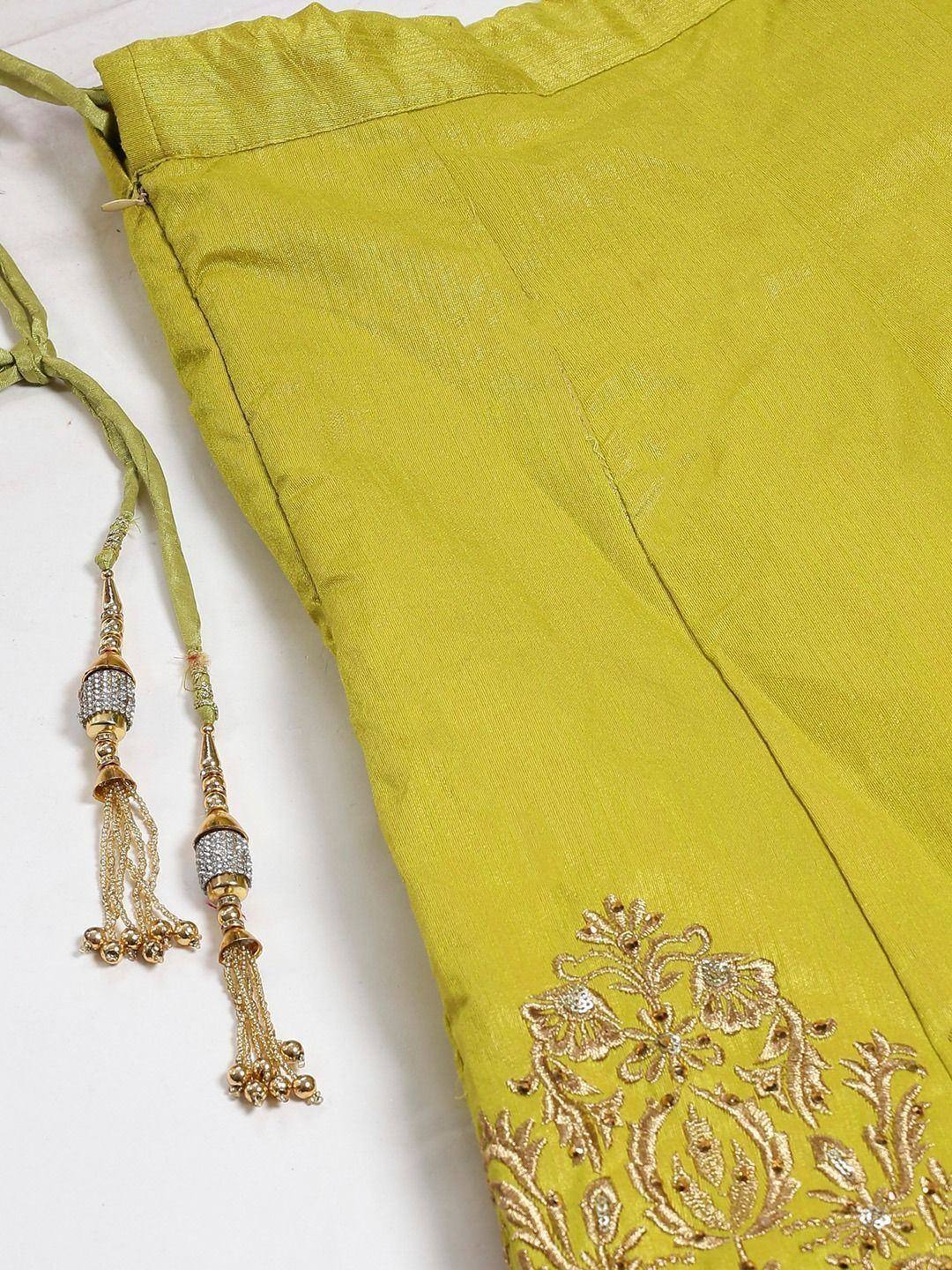 Lime green ethnic top with gold floral embroidery and beaded tassels, perfect for Indian wear