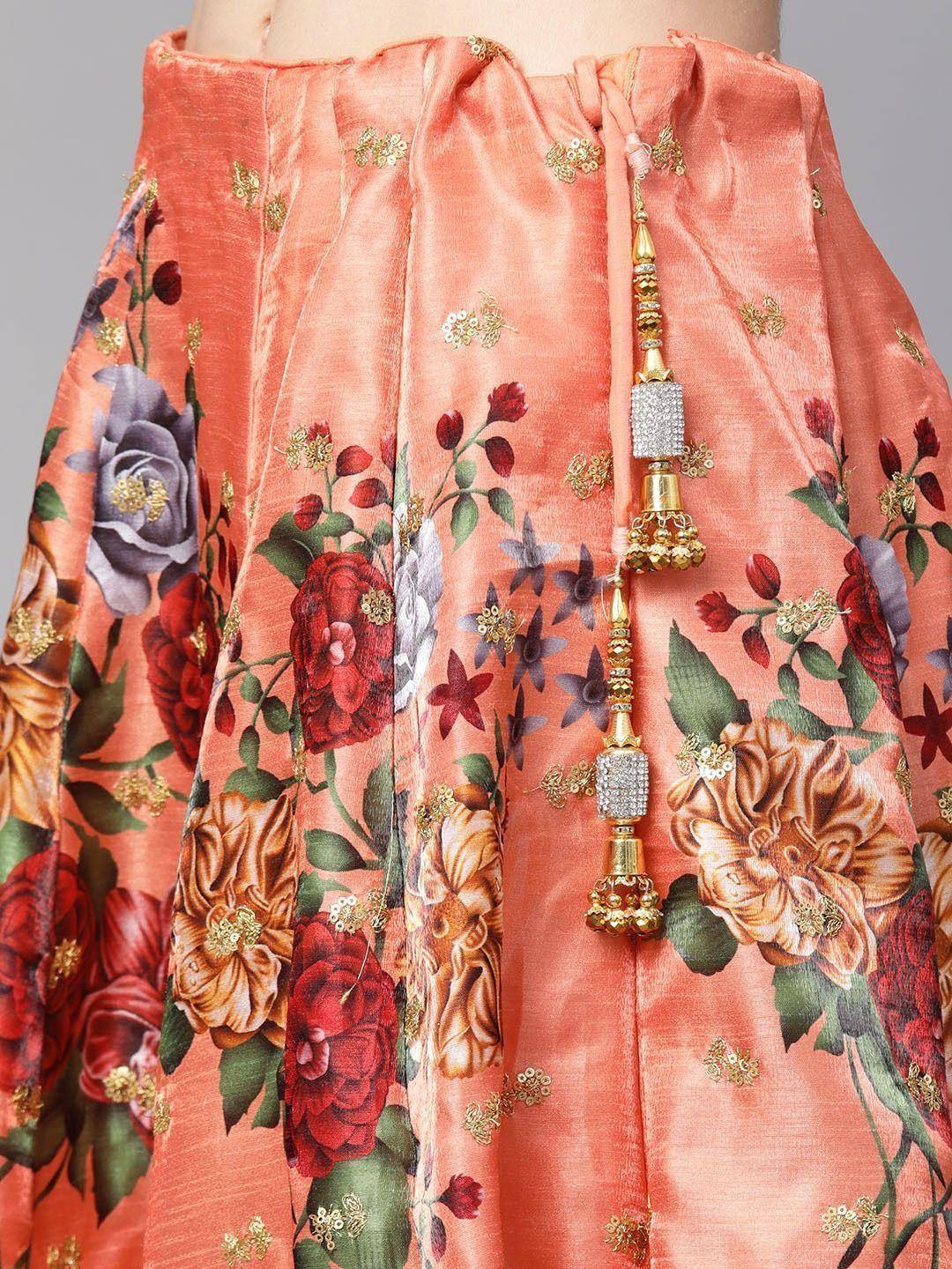 Peach floral lehenga with gold embroidery and tassels, Indian ethnic wear