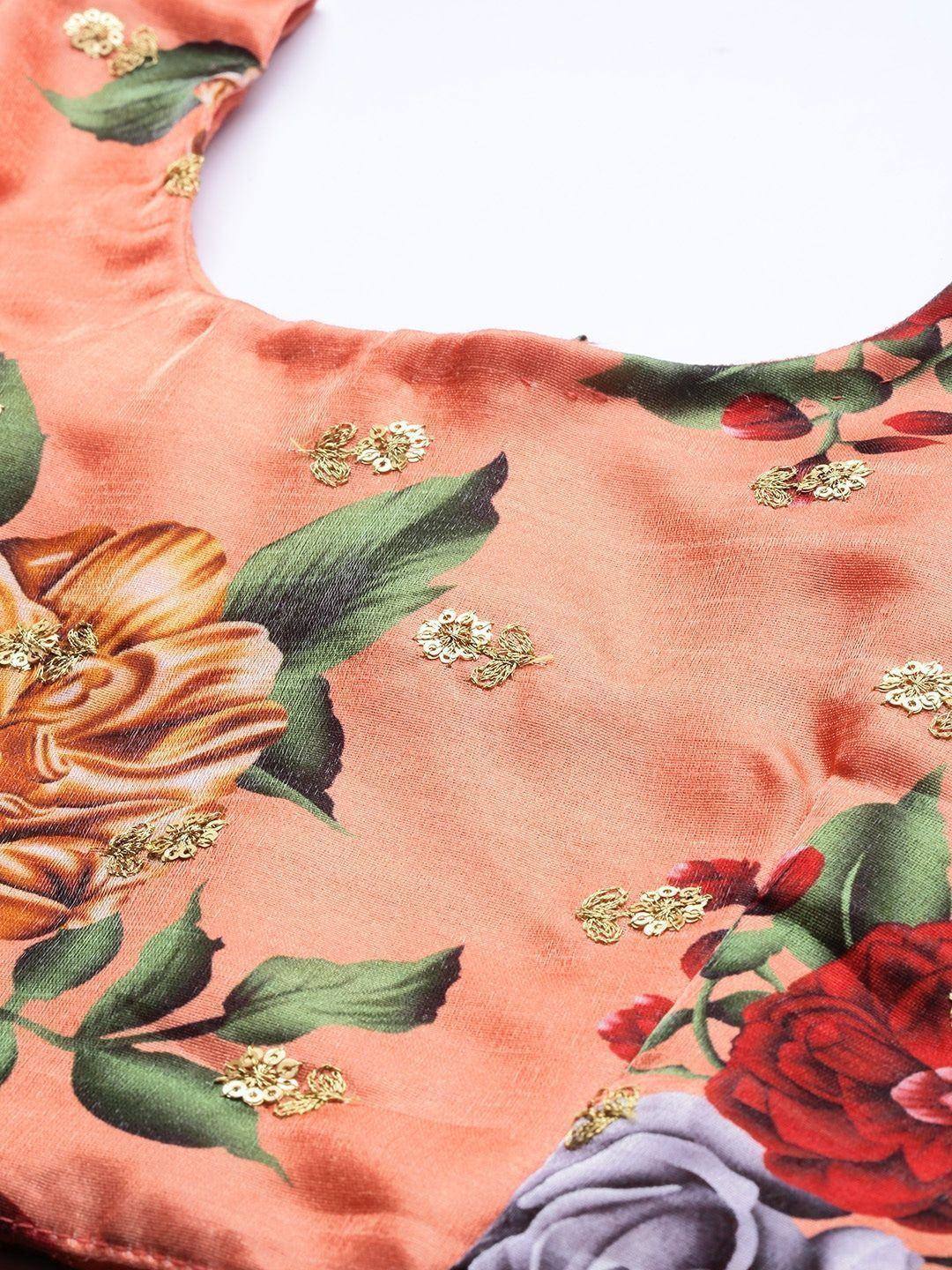 Peach floral print blouse with gold embroidery, perfect for Indian ethnic wear and designer lehenga choli sets.
