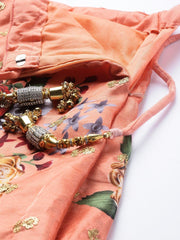 Peach-Coloured & Pink Printed Semi-Stitched Myntra Lehenga & Unstitched Blouse with Dupatta
