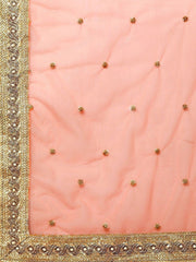 Peach-Coloured & Pink Printed Semi-Stitched Myntra Lehenga & Unstitched Blouse with Dupatta