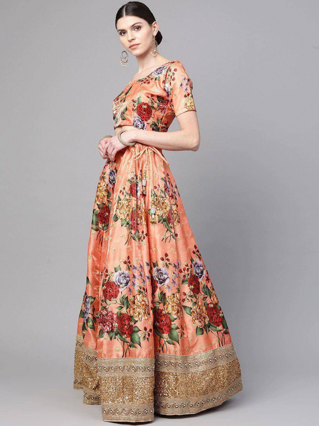 Peach floral lehenga choli with gold border, Indian ethnic wear for women