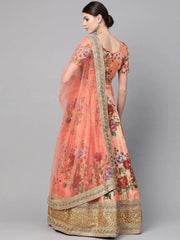 Peach-Coloured & Pink Printed Semi-Stitched Myntra Lehenga & Unstitched Blouse with Dupatta