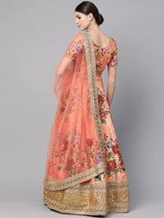 Peach-Coloured & Pink Printed Semi-Stitched Myntra Lehenga & Unstitched Blouse with Dupatta