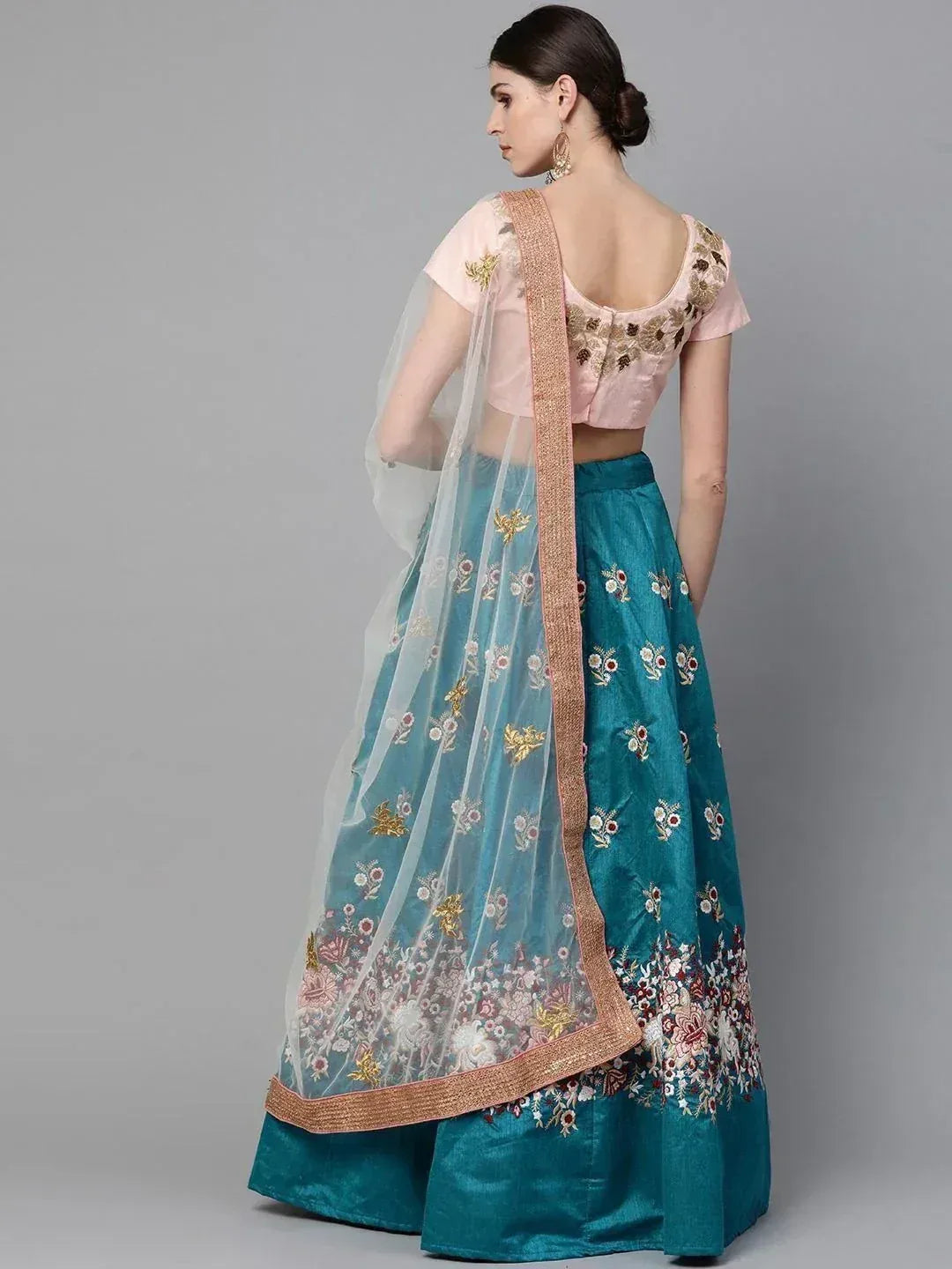 Teal embroidered lehenga choli with pink blouse and sheer dupatta, Indian ethnic wear