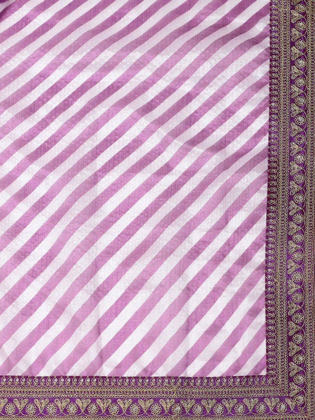 Pink and white striped ethnic saree with purple gold embroidered border