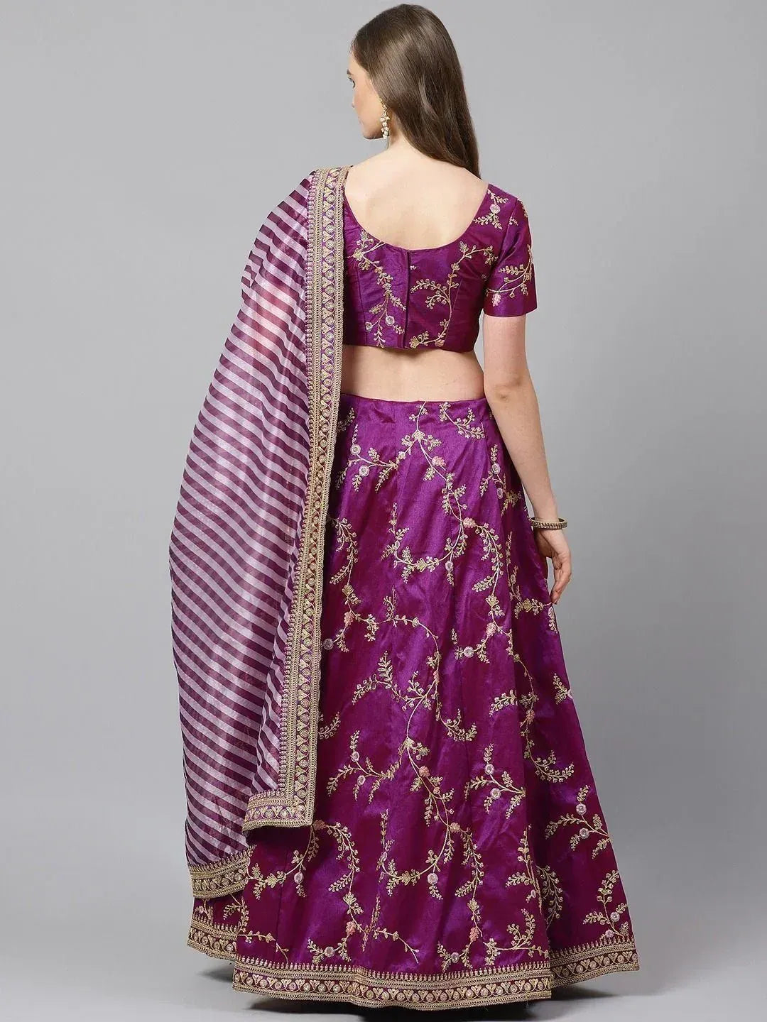 Purple embroidered lehenga choli with gold floral work and striped dupatta, Indian ethnic wear