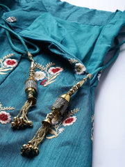 Turquoise Blue & Peach-Coloured Embroidered Semi-Stitched Myntra Lehenga & Unstitched Blouse with Dupatta