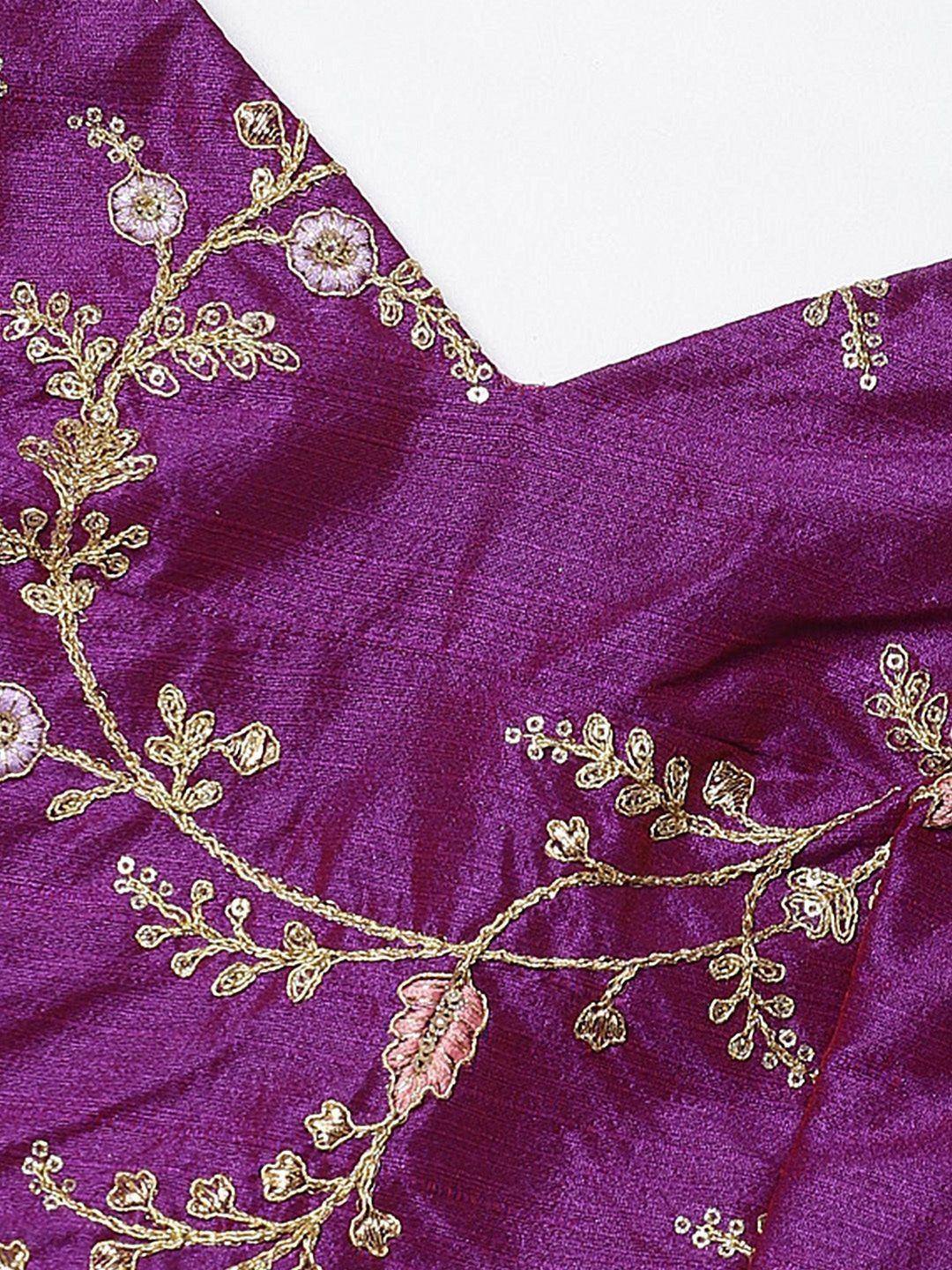 Purple ethnic blouse with gold floral embroidery, perfect for lehenga choli or saree