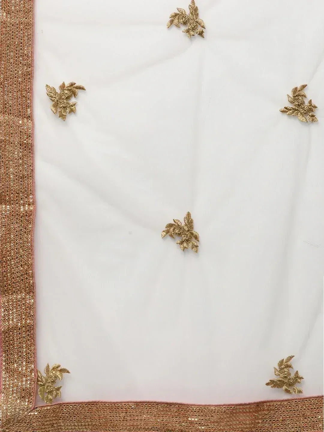 White ethnic saree with gold leaf embroidery and sequin border, perfect for Indian occasions