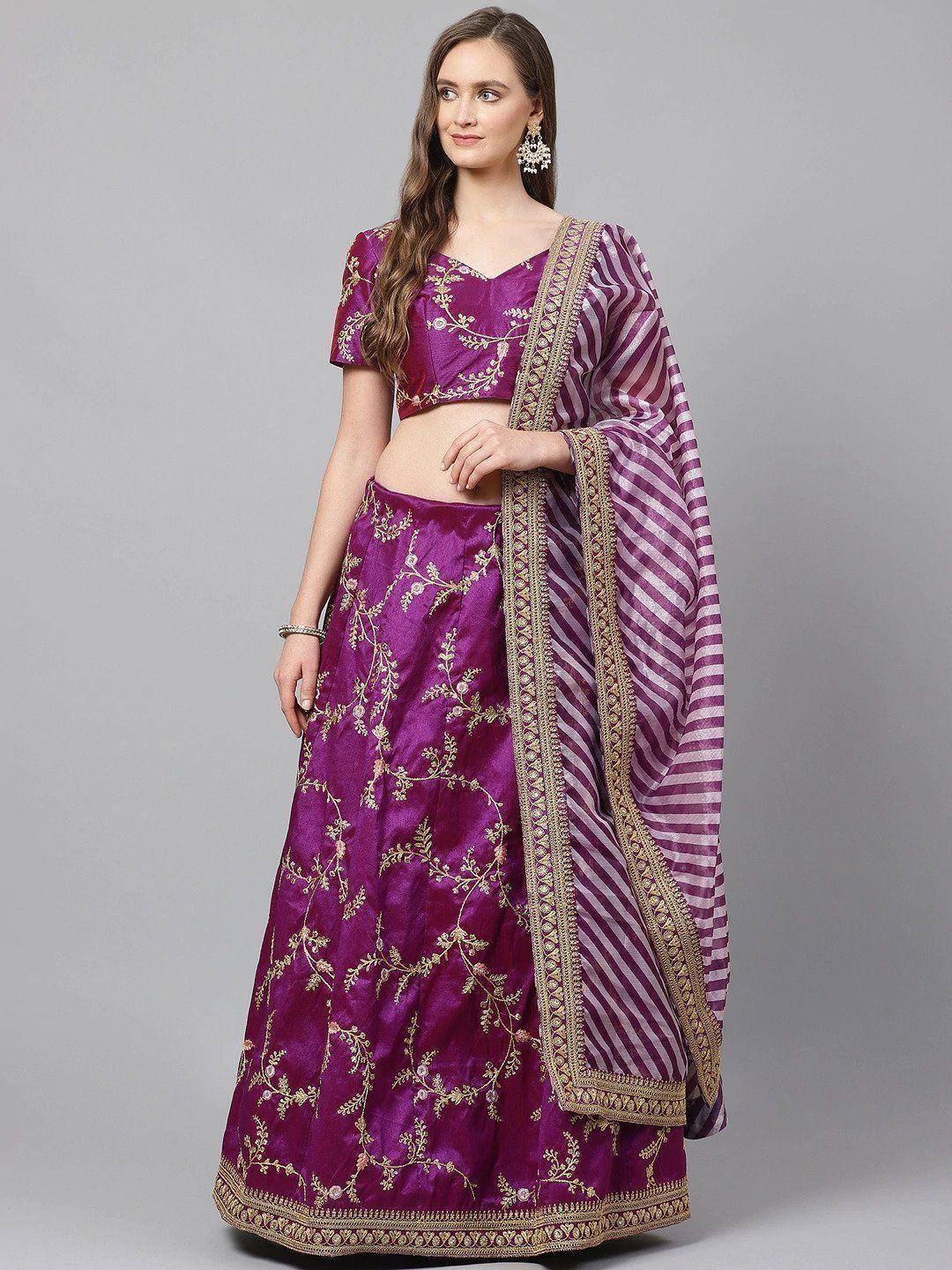 Purple embroidered lehenga choli with striped dupatta, Indian ethnic wear for women