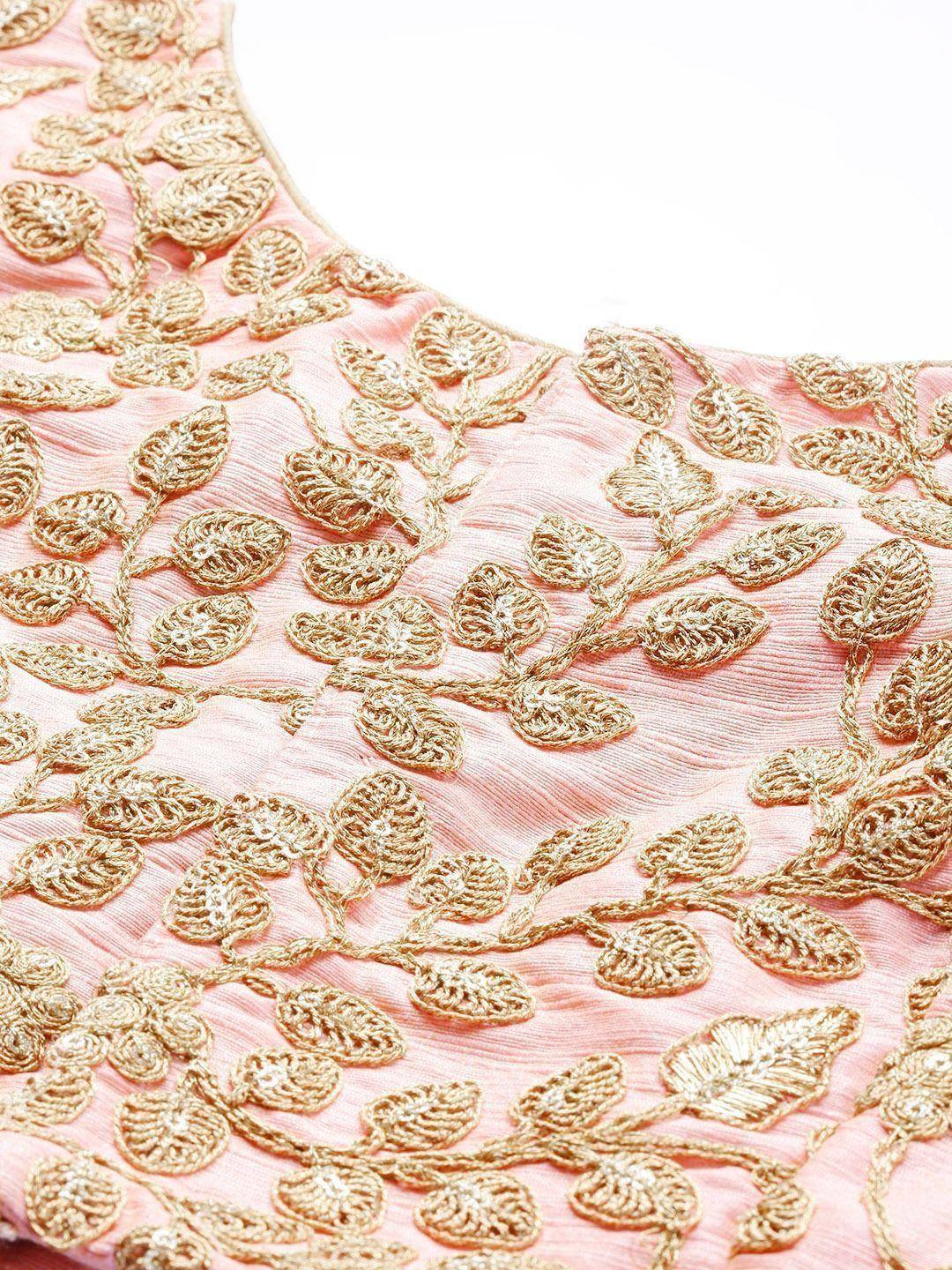Pink ethnic blouse with gold leaf embroidery, perfect for lehenga choli or saree