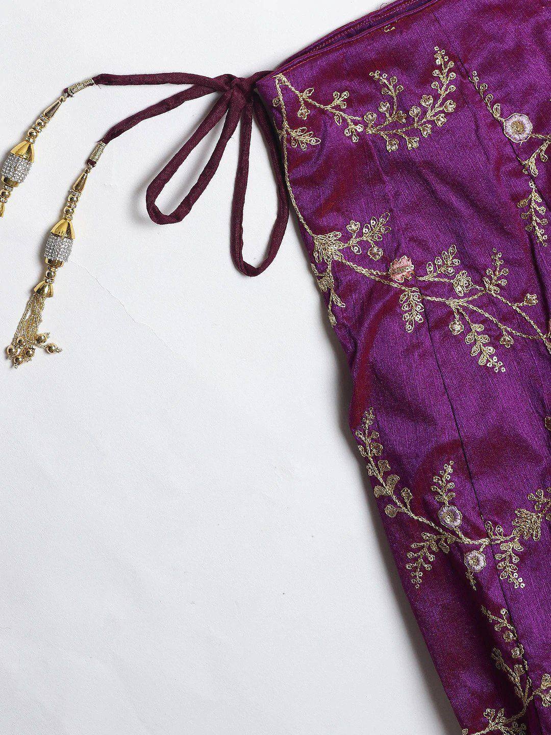 Purple ethnic blouse with gold floral embroidery and decorative tassels