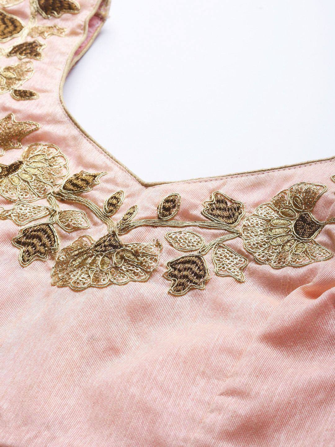 Pink ethnic blouse with gold floral embroidery, perfect for lehenga choli or saree