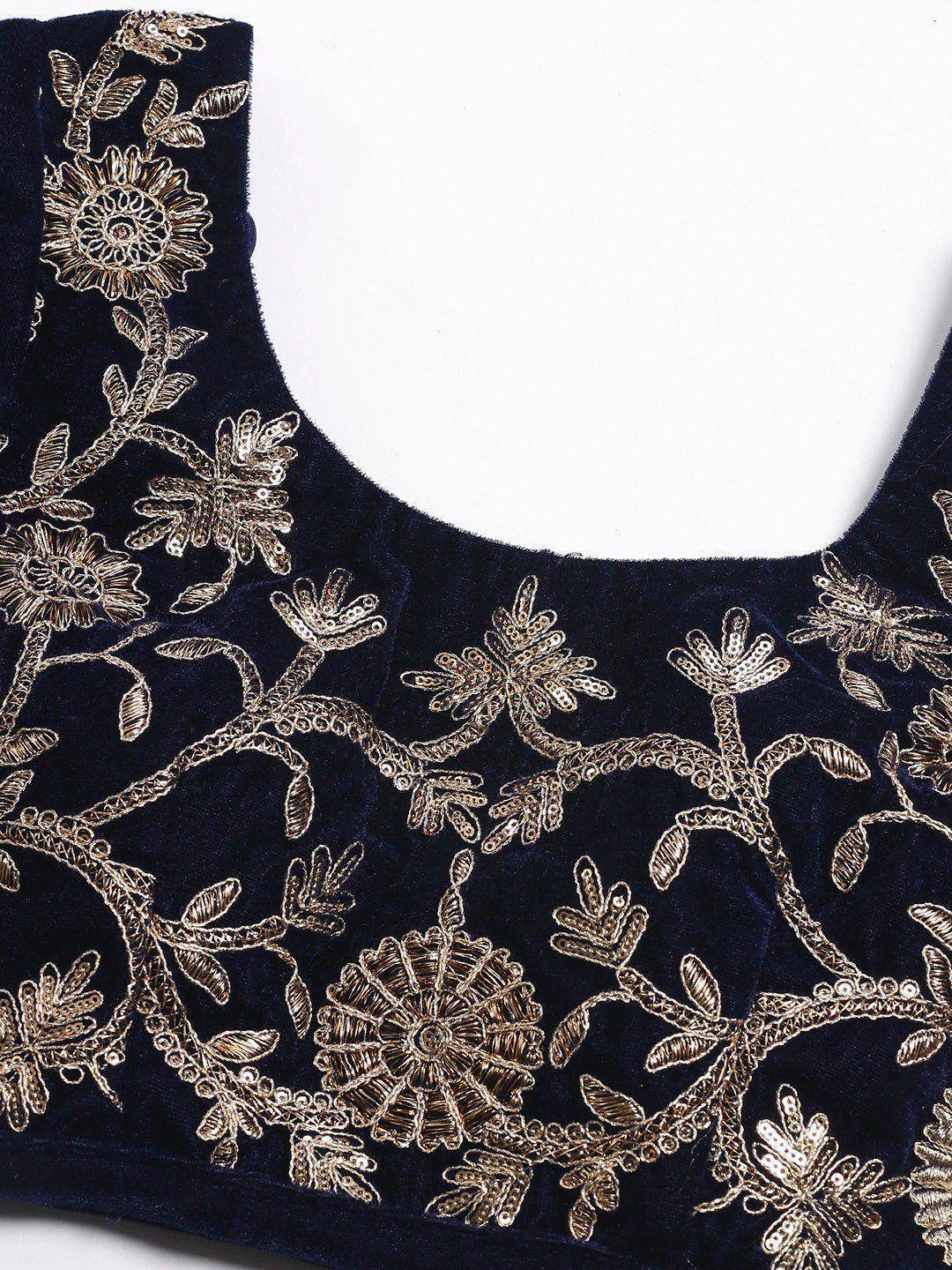 Navy velvet blouse with gold floral embroidery, perfect for Indian ethnic wear and designer lehenga choli.