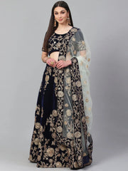 Navy Blue & Golden Semi-Stitched Myntra Lehenga with Unstitched Choli