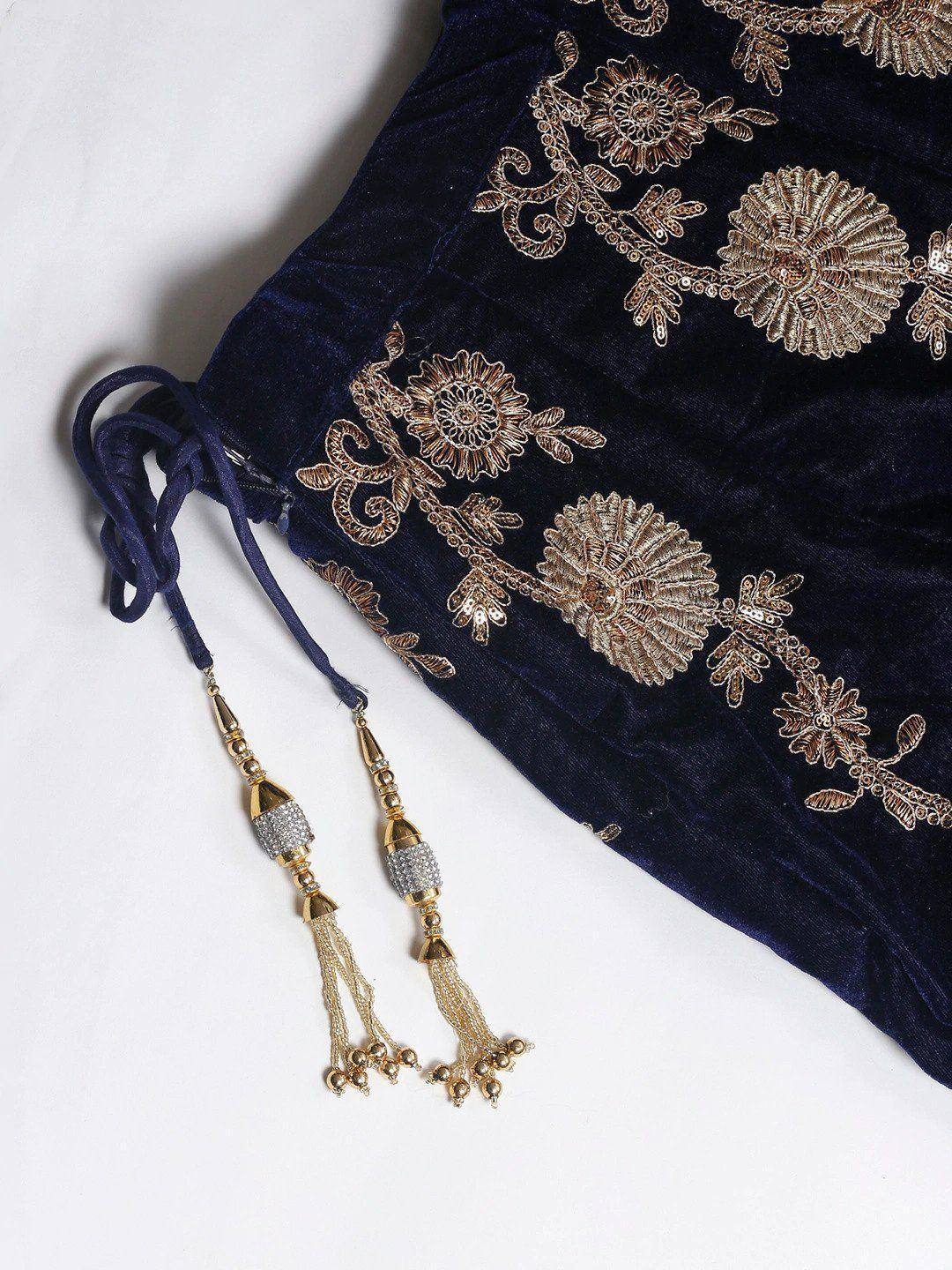 Navy velvet top with gold floral embroidery and beaded tassels, ethnic wear detail