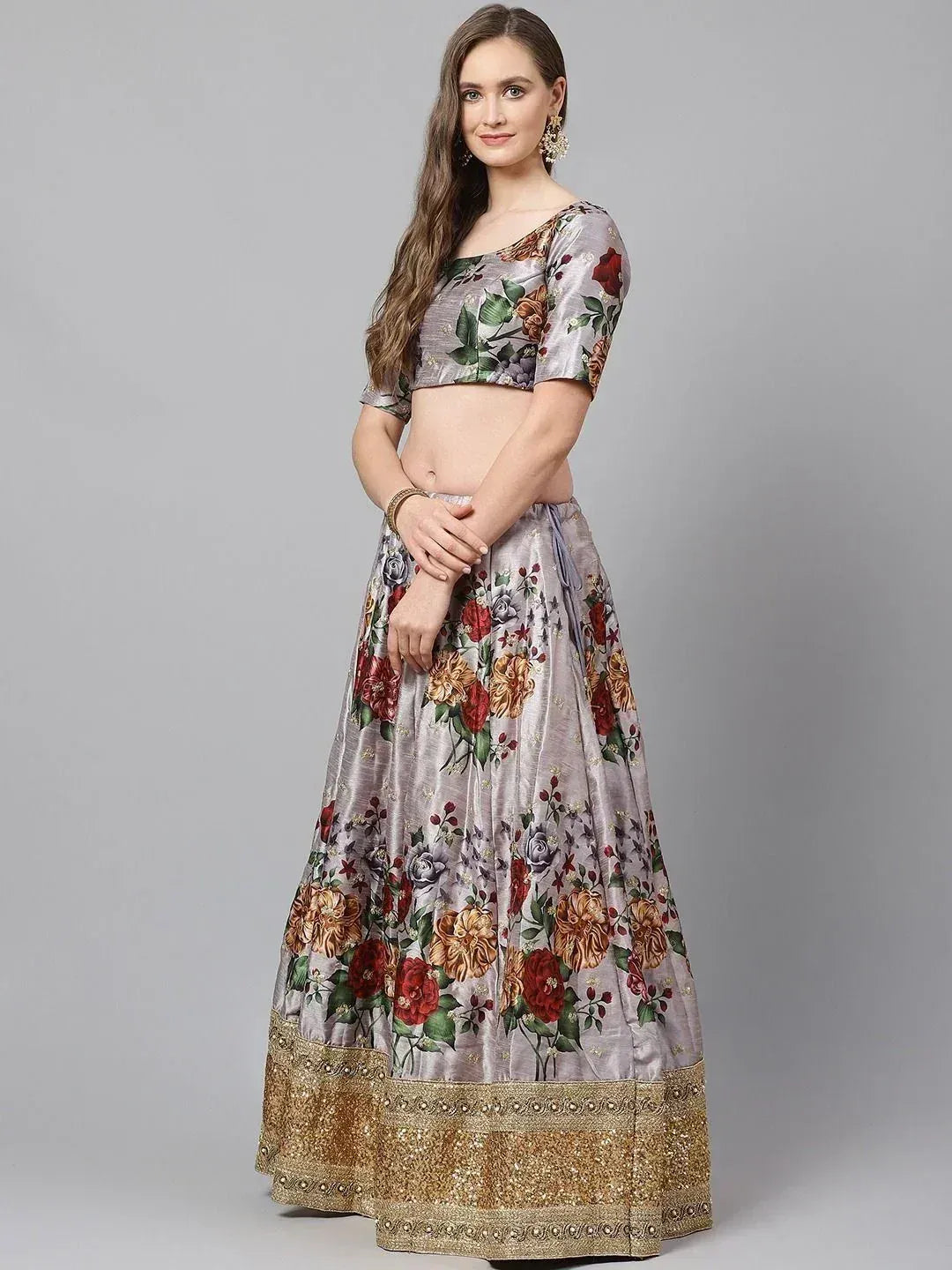 Floral print lehenga choli with gold border, Indian ethnic wear for women