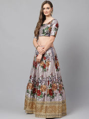 Grey & Red Printed Semi-Stitched Myntra Lehenga & Unstitched Blouse with Dupatta
