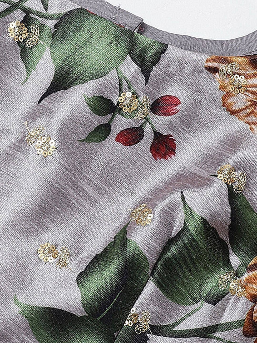 Floral printed ethnic gown with sequin embellishments, green leaves, red blooms on grey fabric