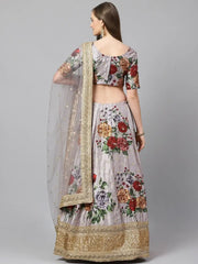 Grey & Red Printed Semi-Stitched Myntra Lehenga & Unstitched Blouse with Dupatta