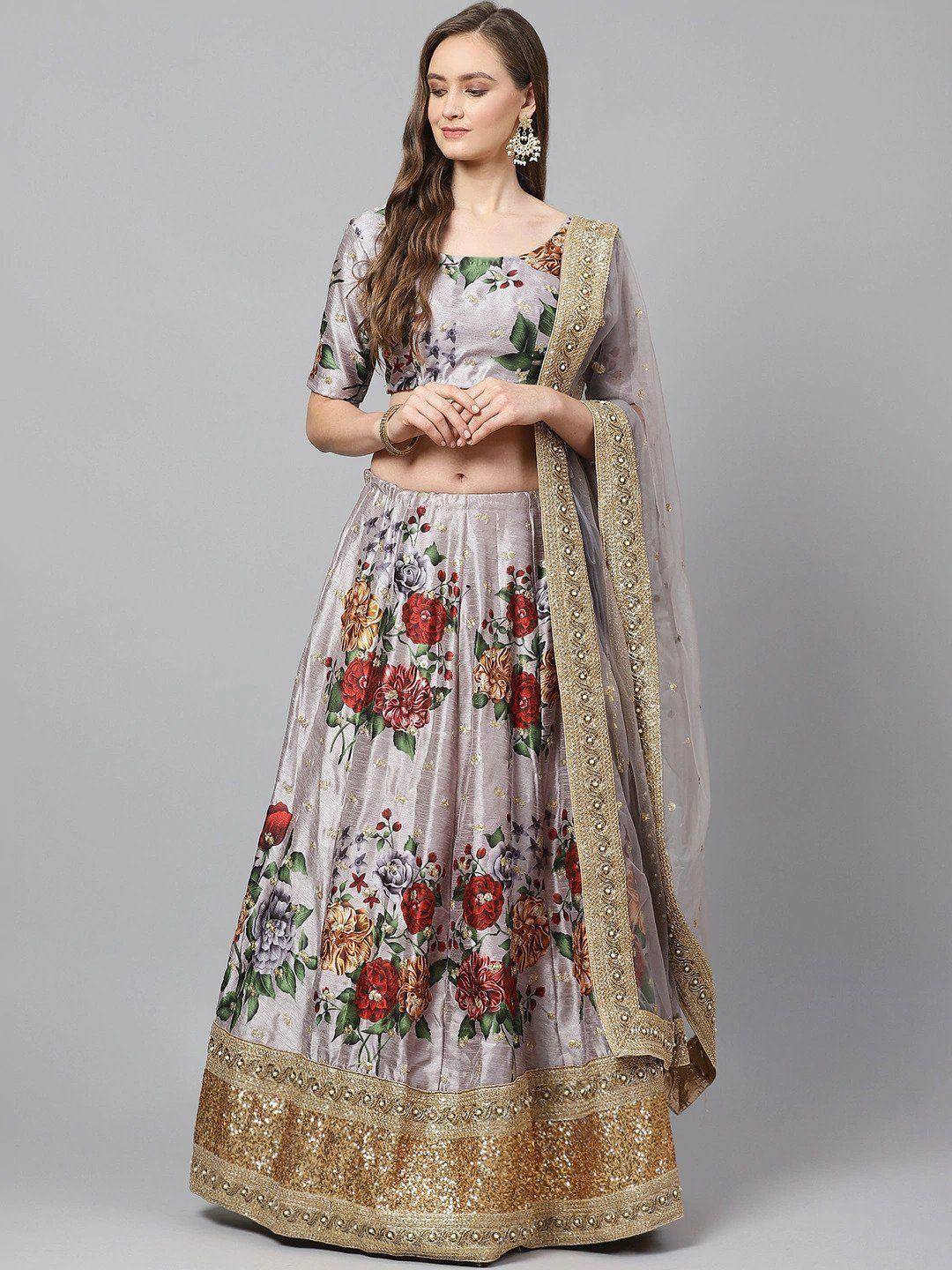 Floral print lehenga choli with gold embroidery and sheer dupatta, Indian ethnic wear