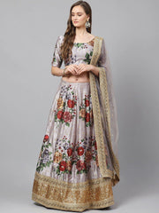 Grey & Red Printed Semi-Stitched Myntra Lehenga & Unstitched Blouse with Dupatta