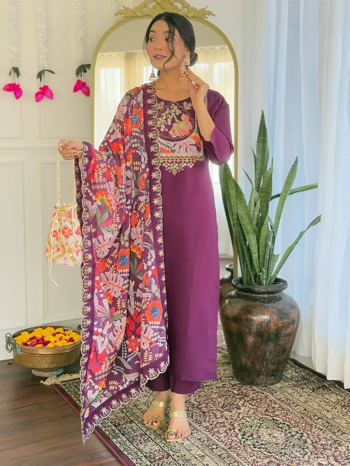 Purple floral embroidered kurta with matching dupatta, ethnic wear for women, perfect for festive occasions