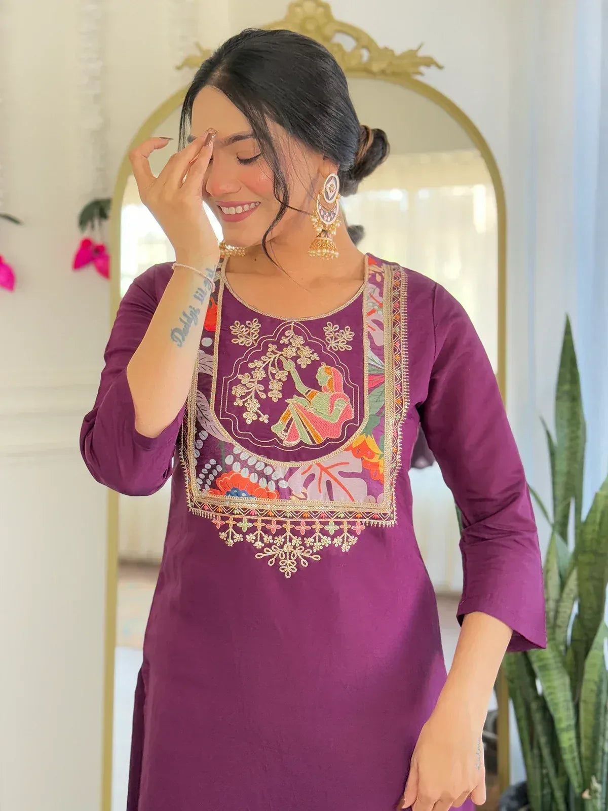 Purple embroidered kurta with floral and figurative design, ethnic wear for women