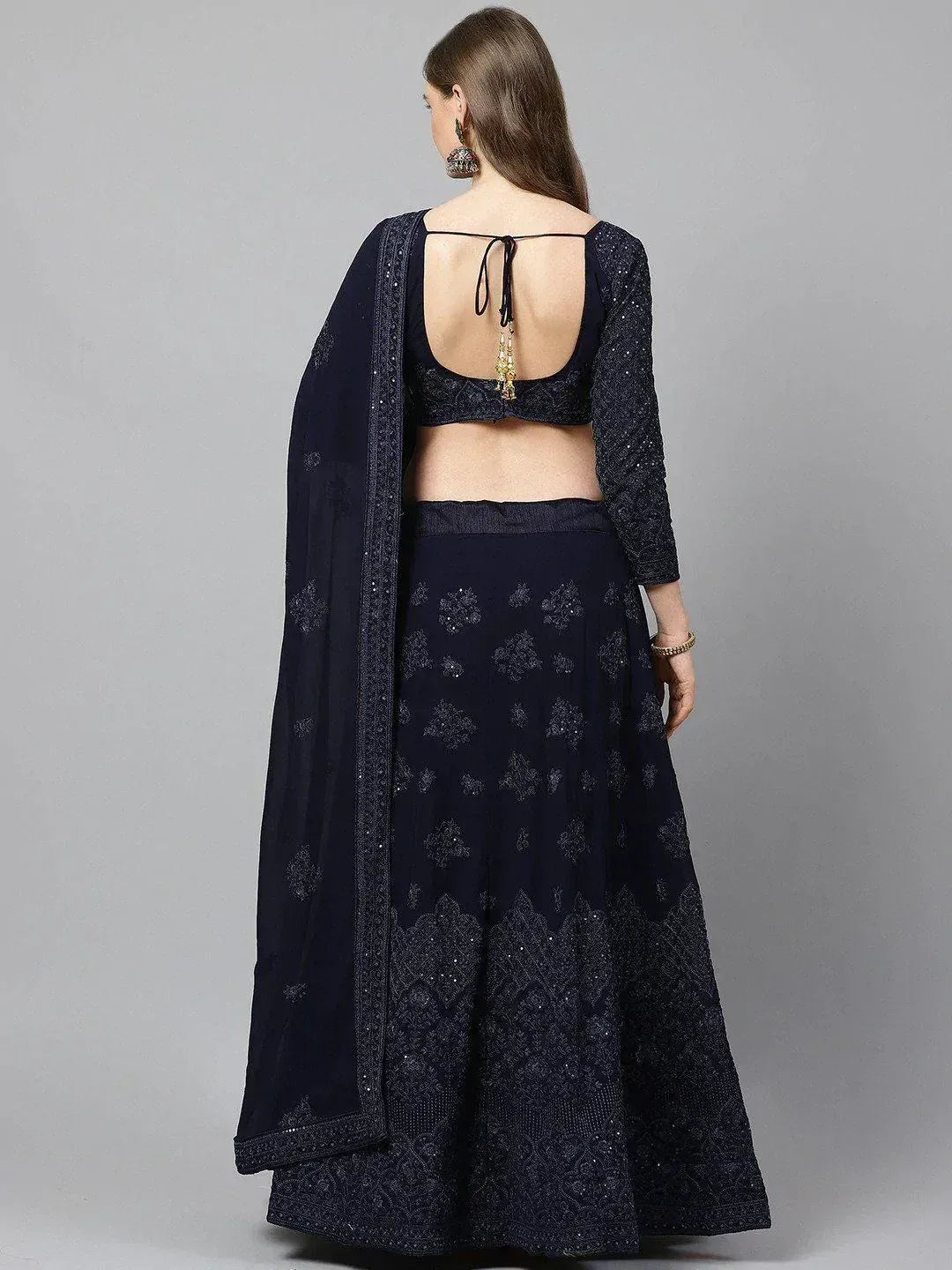 Navy blue embroidered lehenga choli with back tie blouse and dupatta, Indian ethnic wear