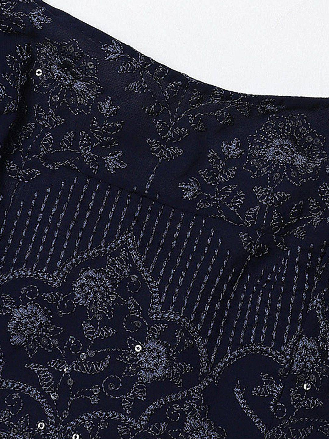 Navy blue ethnic gown with floral embroidery and sequin detailing, perfect for festive occasions.