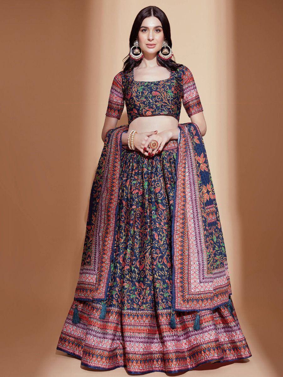 Designer lehenga choli with intricate floral print, perfect for Indian ethnic wear occasions