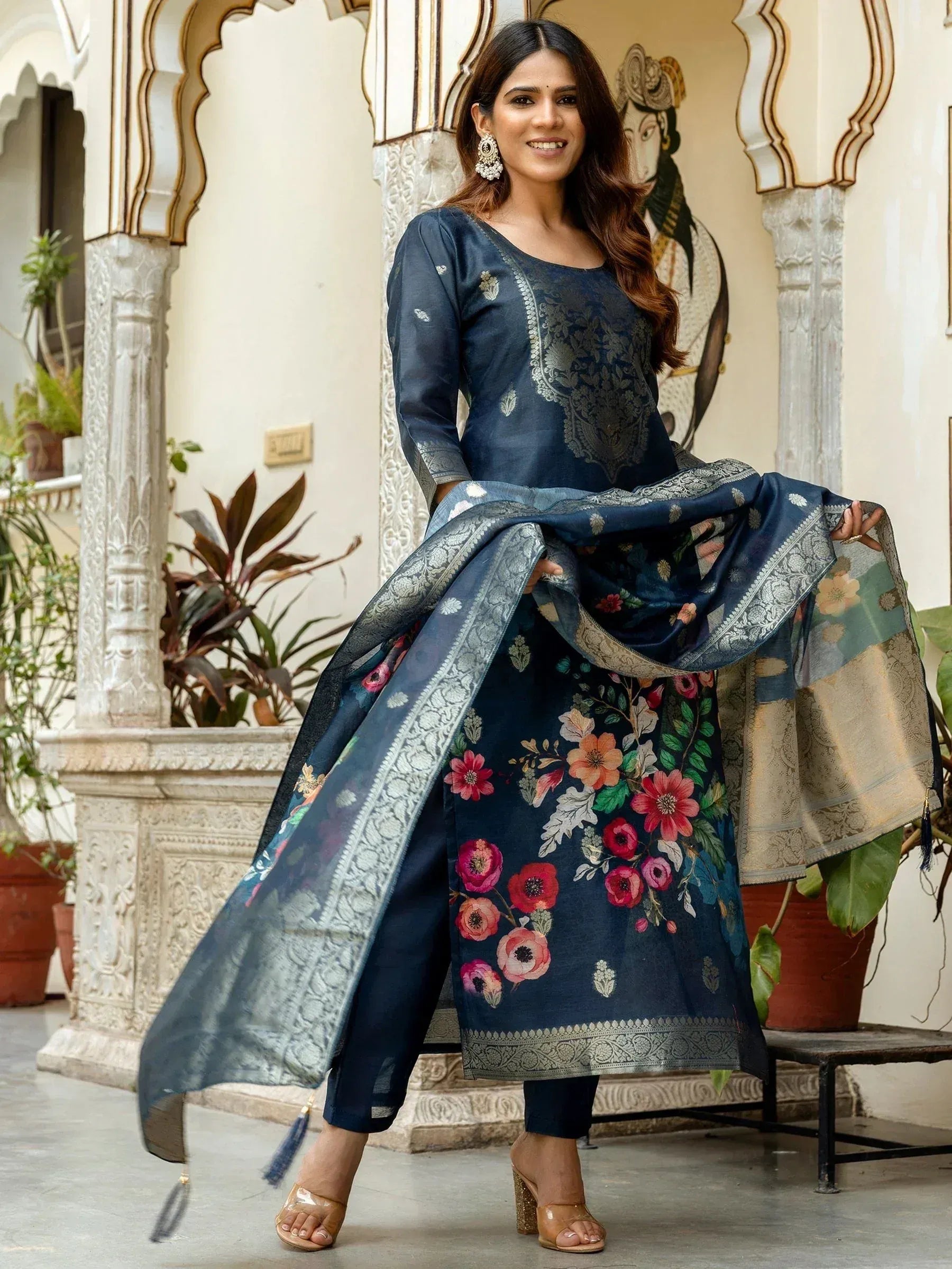 Navy blue floral print salwar kameez with embroidered dupatta, ethnic Indian wear for women