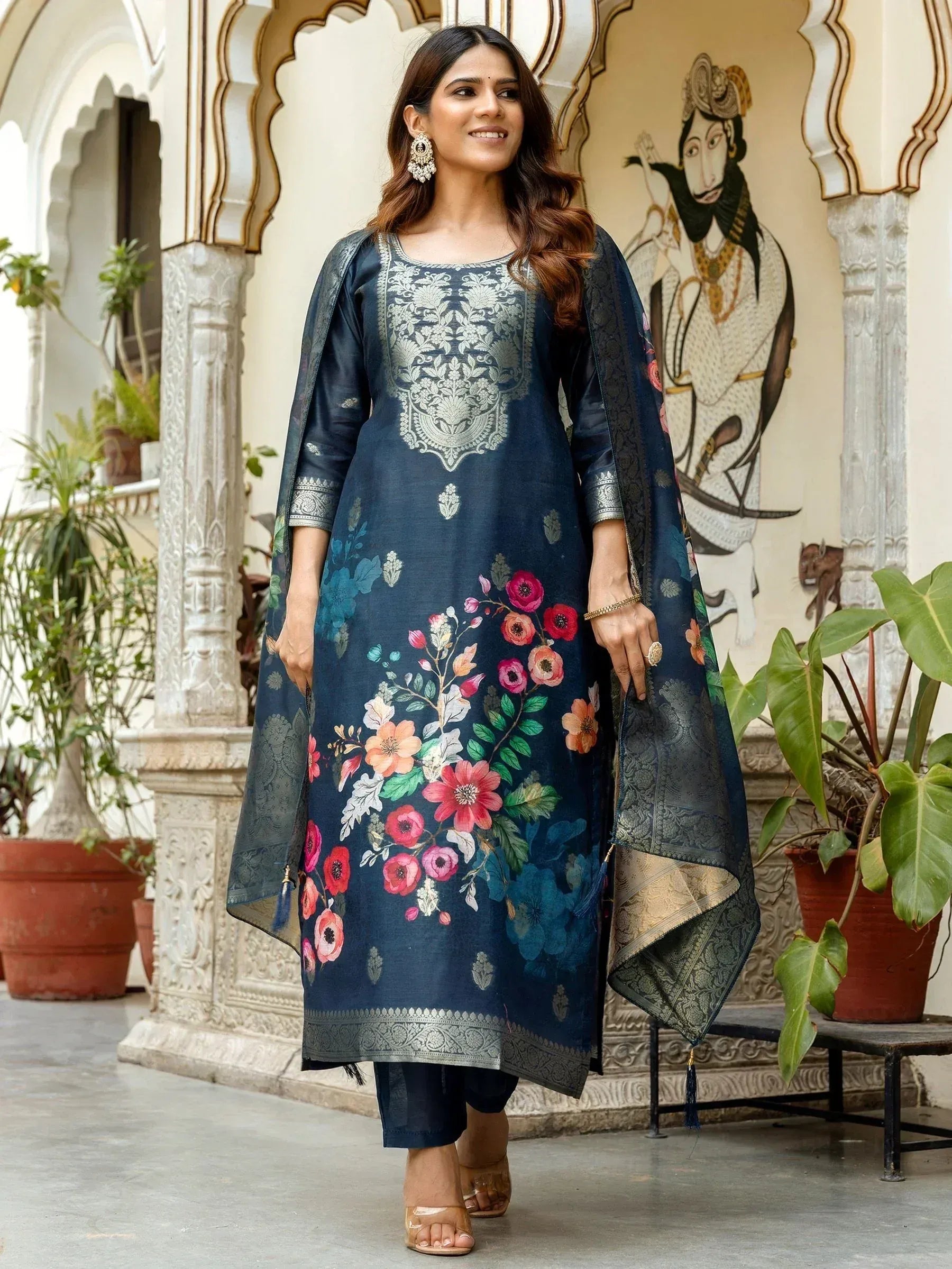 Navy blue floral printed salwar kameez with silver embroidery and matching dupatta, Indian ethnic wear