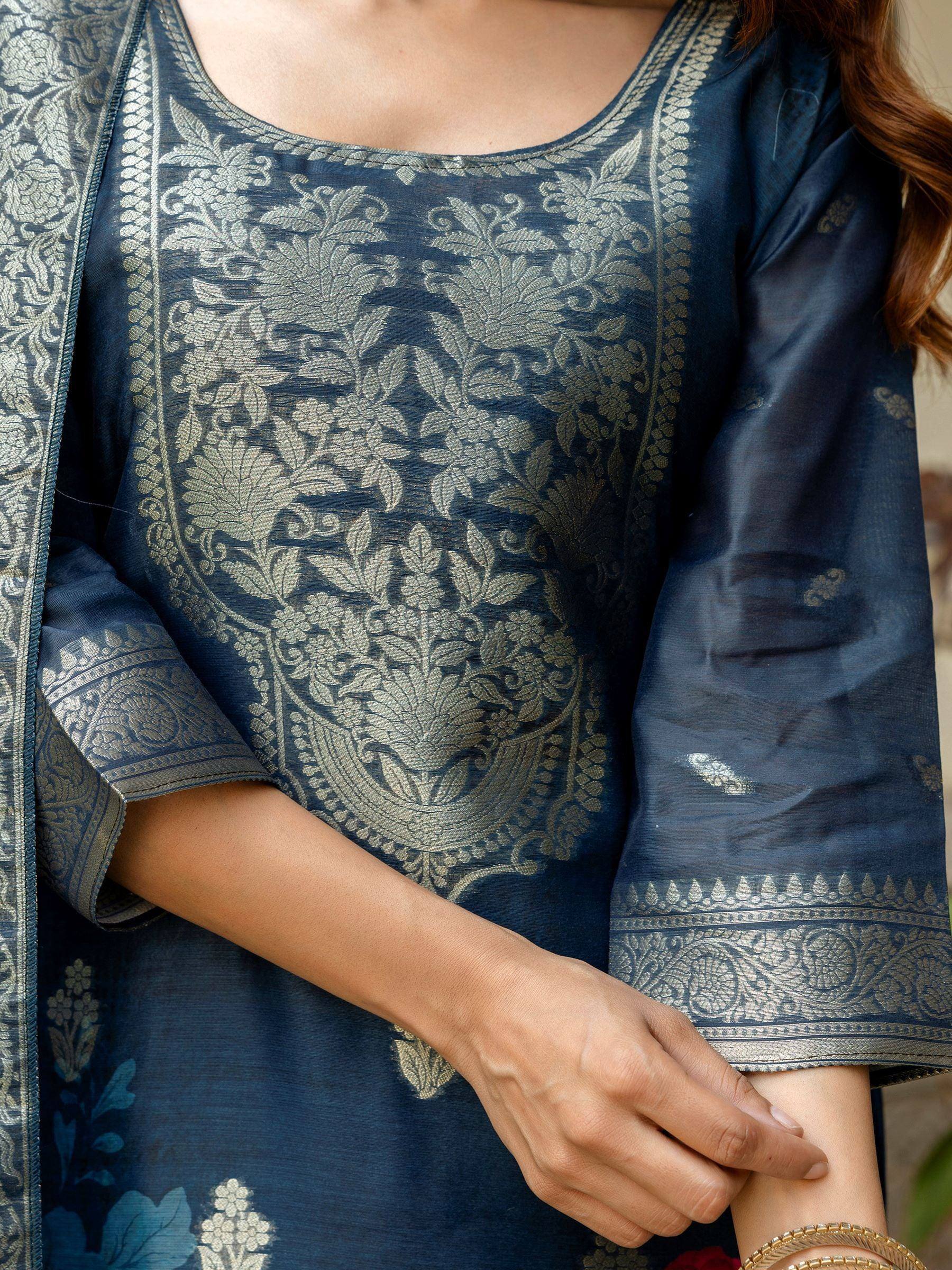 Navy blue ethnic kurta with silver floral embroidery and detailed sleeve border, perfect for Indian wear.
