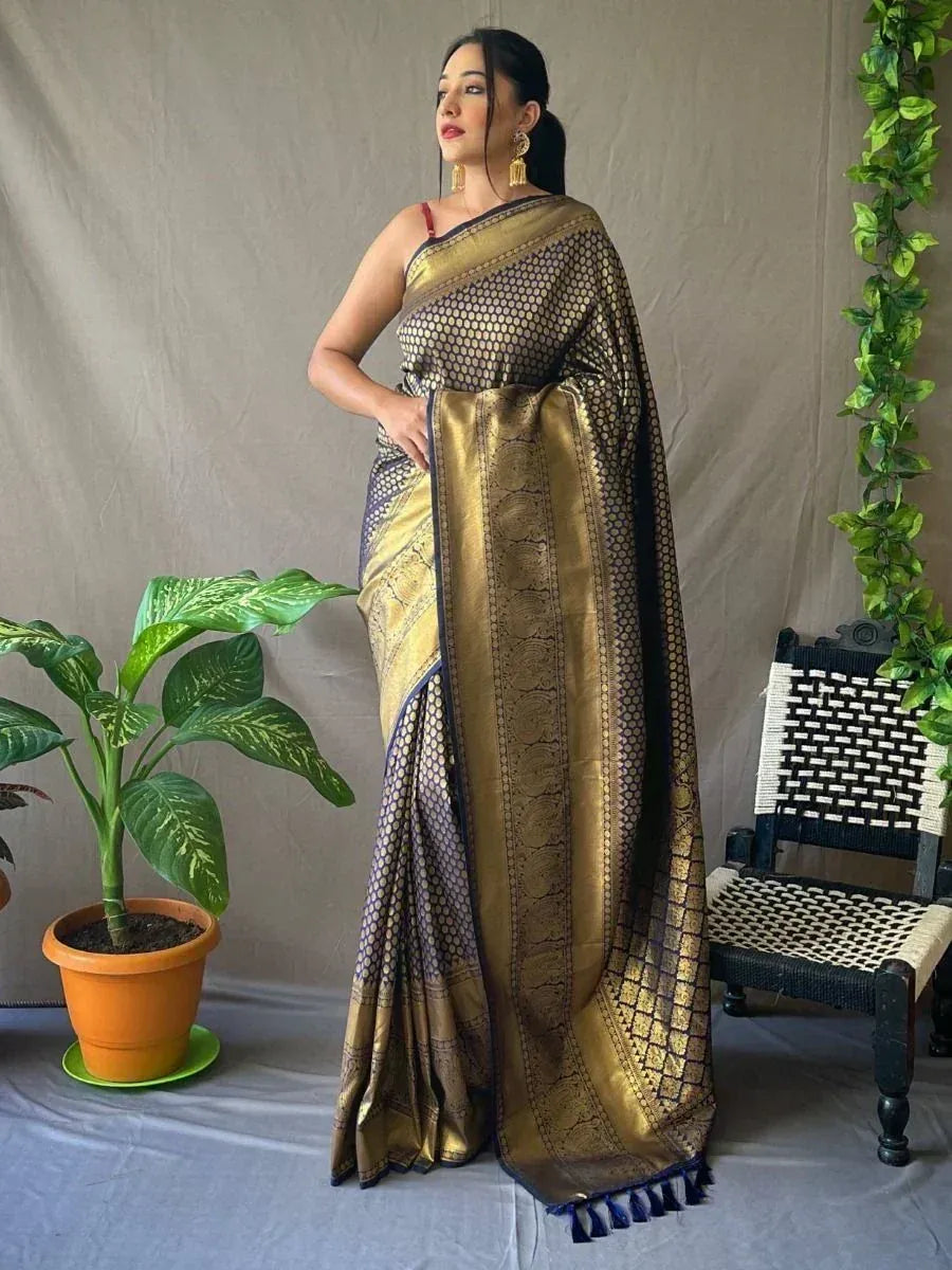 Pretty Navy-Blue Jacquard Kanjeevaram Silk Wedding Saree With Blouse