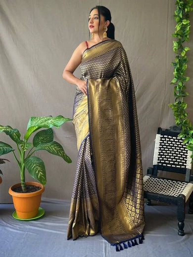 Pretty Navy-Blue Jacquard Kanjeevaram Silk Wedding Saree With Blouse